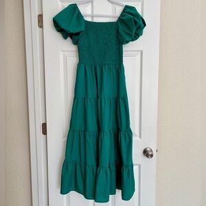PrettyGarden Dress M Green Smocked Puff Sleeve Tiered Boho Cottagecore Prairie